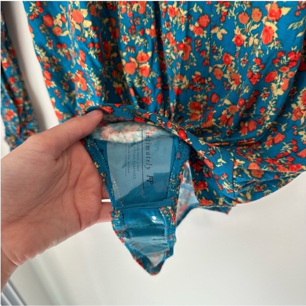 Free People Kaya Floral Printed Plunge Neckline Long Sleeve Bodysuit Turquoise - Picture 10 of 13